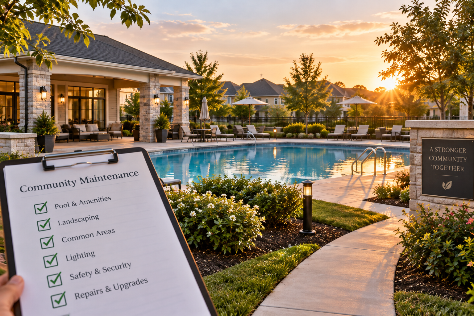 Well-maintained HOA community pool and clubhouse area at golden hour, featuring landscaped gardens, a pathway, and a maintenance checklist in the foreground.