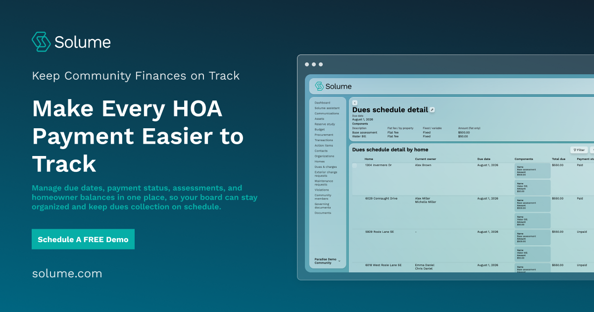 Solume dues management dashboard showing HOA payment schedules, homeowner balances, due dates, and payment statuses.