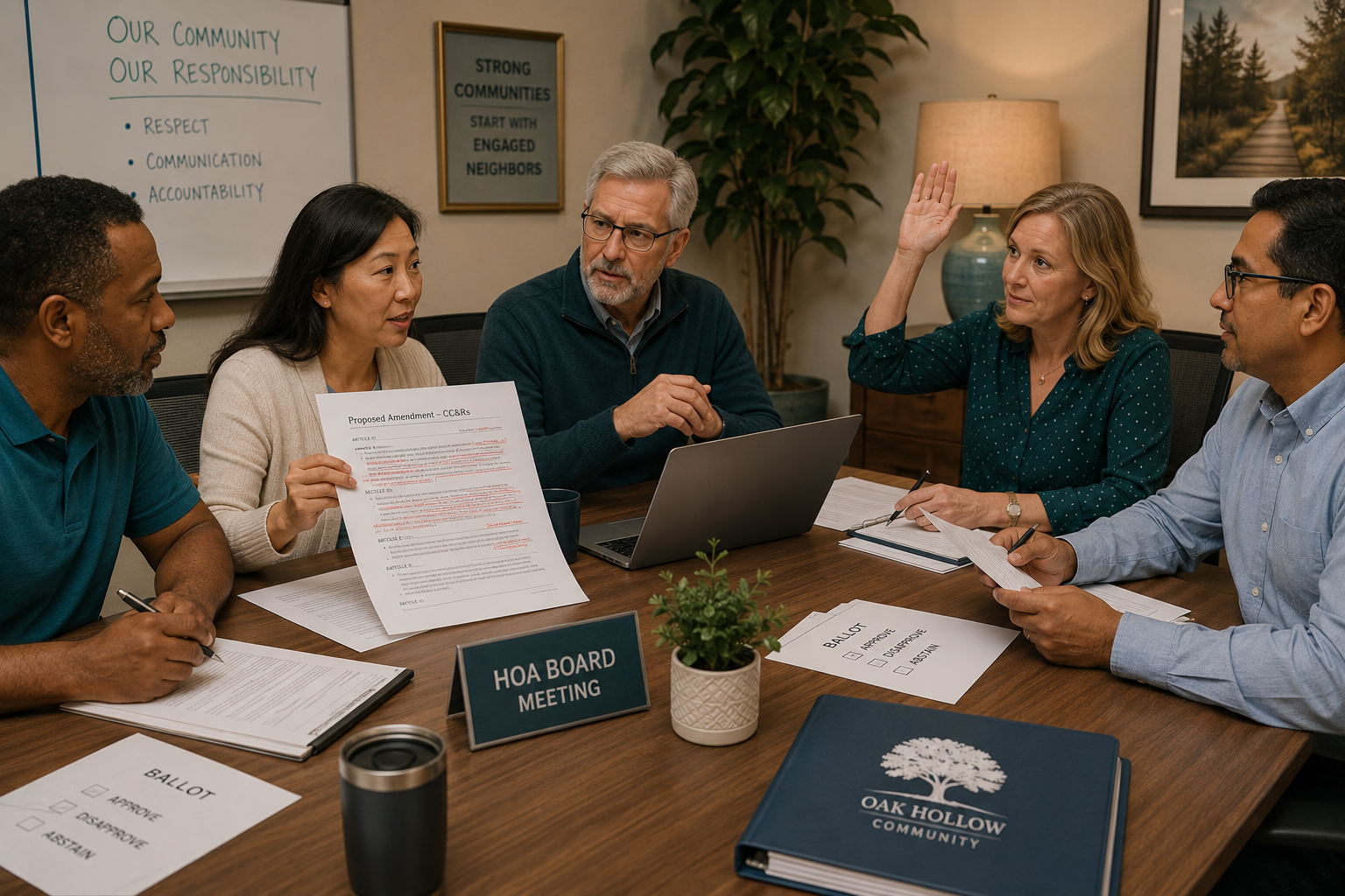 Diverse volunteer HOA board members reviewing a redlined CC&R amendment and voting with printed ballots around a conference table.