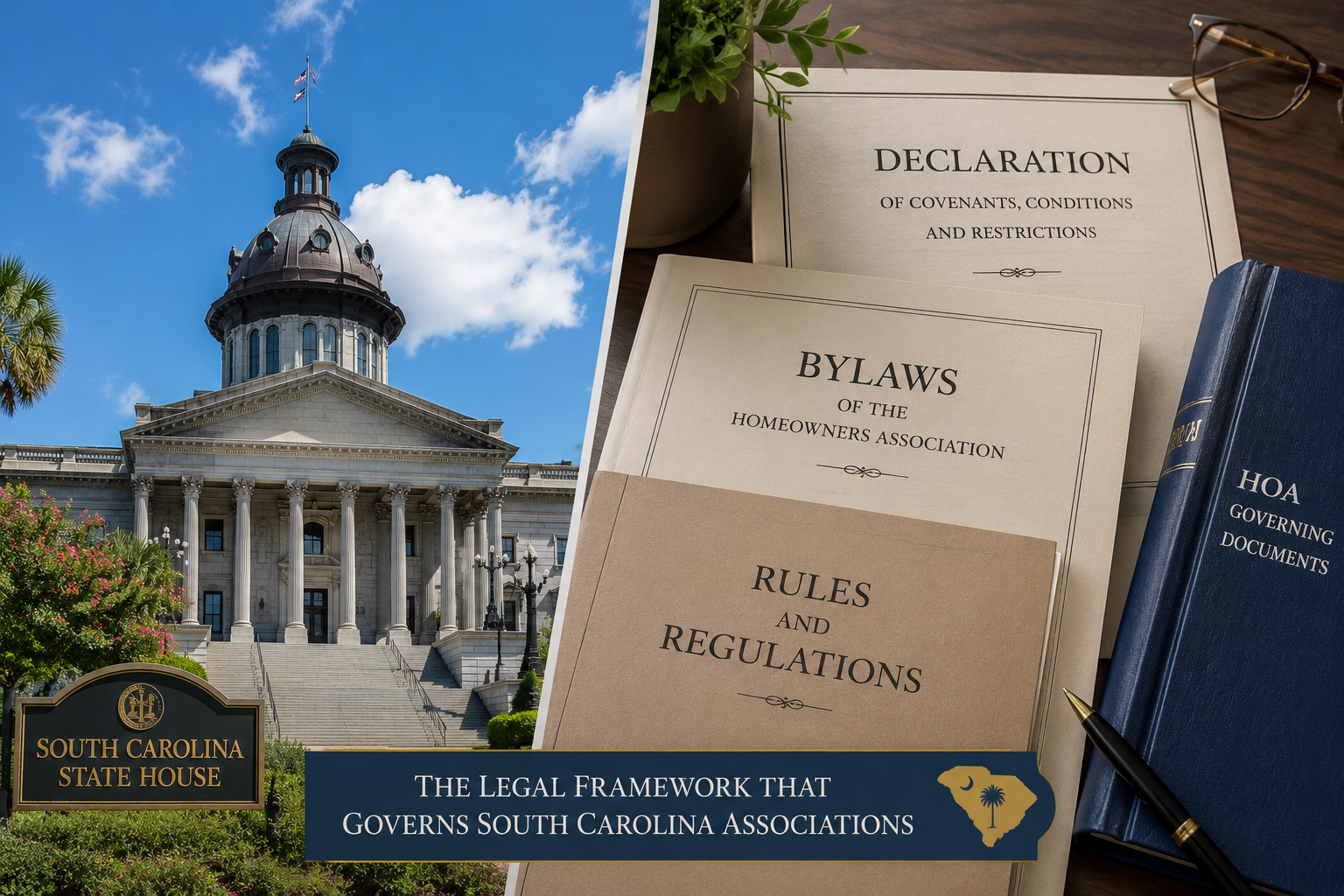 Split-screen illustration featuring the South Carolina State House on the left and HOA governing documents, including a declaration, bylaws, and rules and regulations, on the right. The design uses teal, navy, and white colors to represent the legal framework that governs homeowners associations in South Carolina.