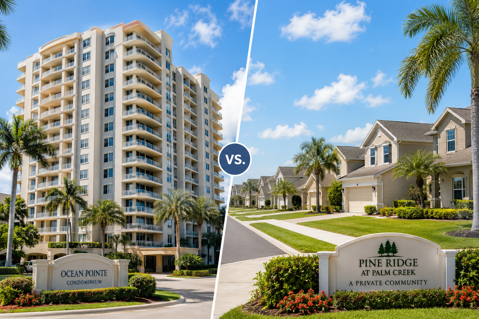 Split-view image showing a multi-story Florida condominium building on the left and a suburban single-family HOA neighborhood on the right under a bright blue sky, illustrating two distinct community housing types.