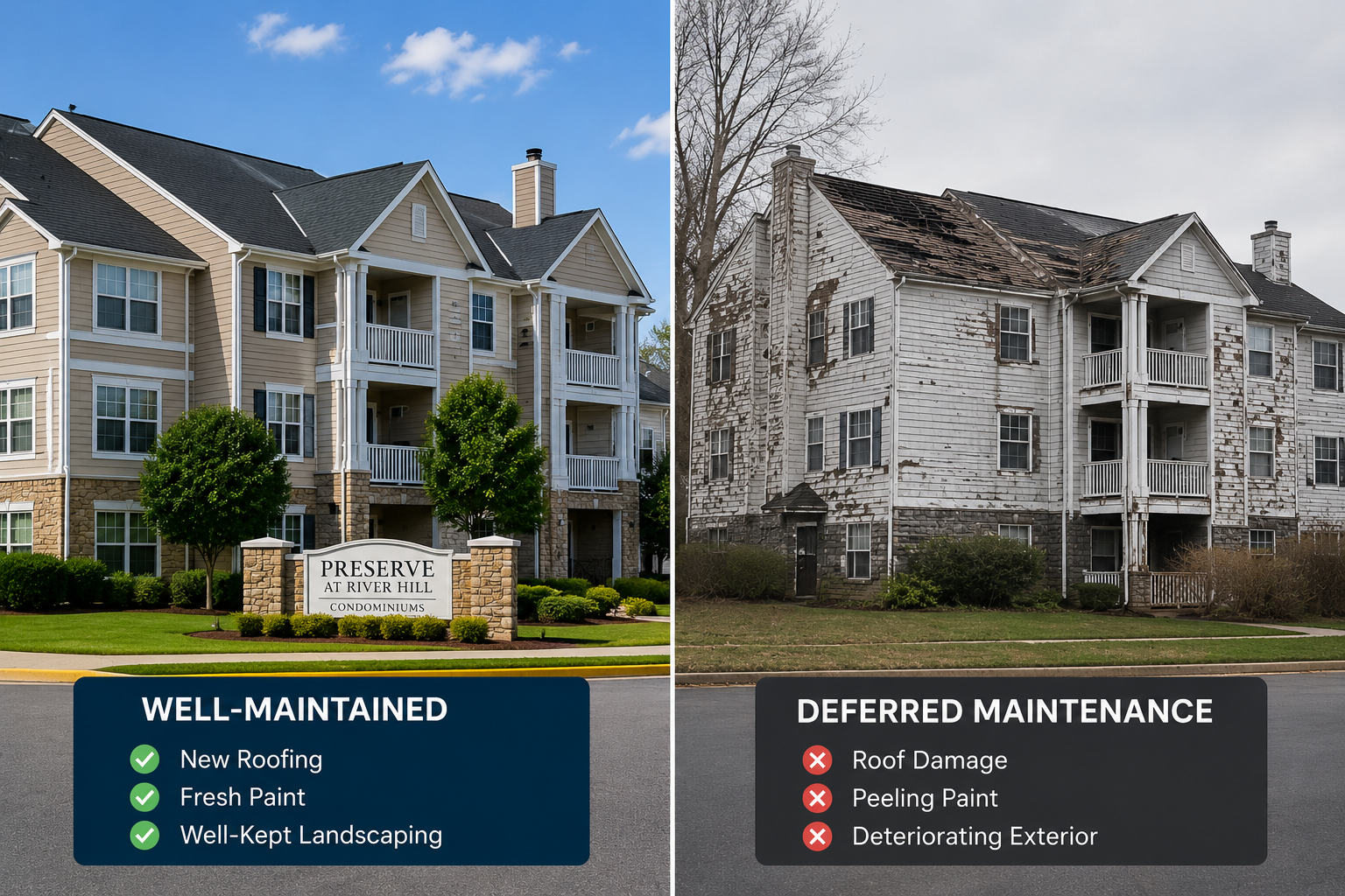 Split-screen comparison of two Maryland condominium complexes viewed from street level. The left side shows a well-maintained property with new roofing, fresh exterior paint, and landscaped grounds, while the right side shows a deteriorating complex with visible roof damage, peeling siding, and signs of deferred maintenance.