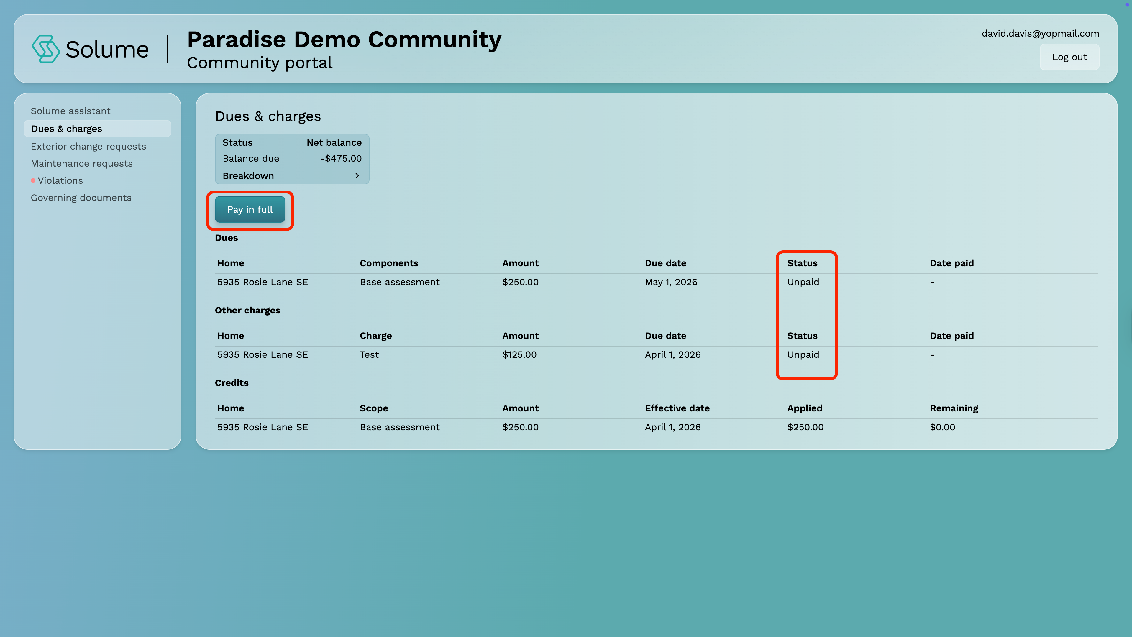 A screenshot of the unpaid dues within the owner portal of Solume.