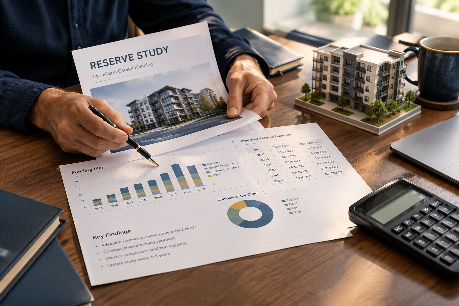 Close-up of a professional reviewing a condo reserve study report with financial charts and long-term expense projections, alongside a calculator and architectural model of a residential building on a wooden desk.