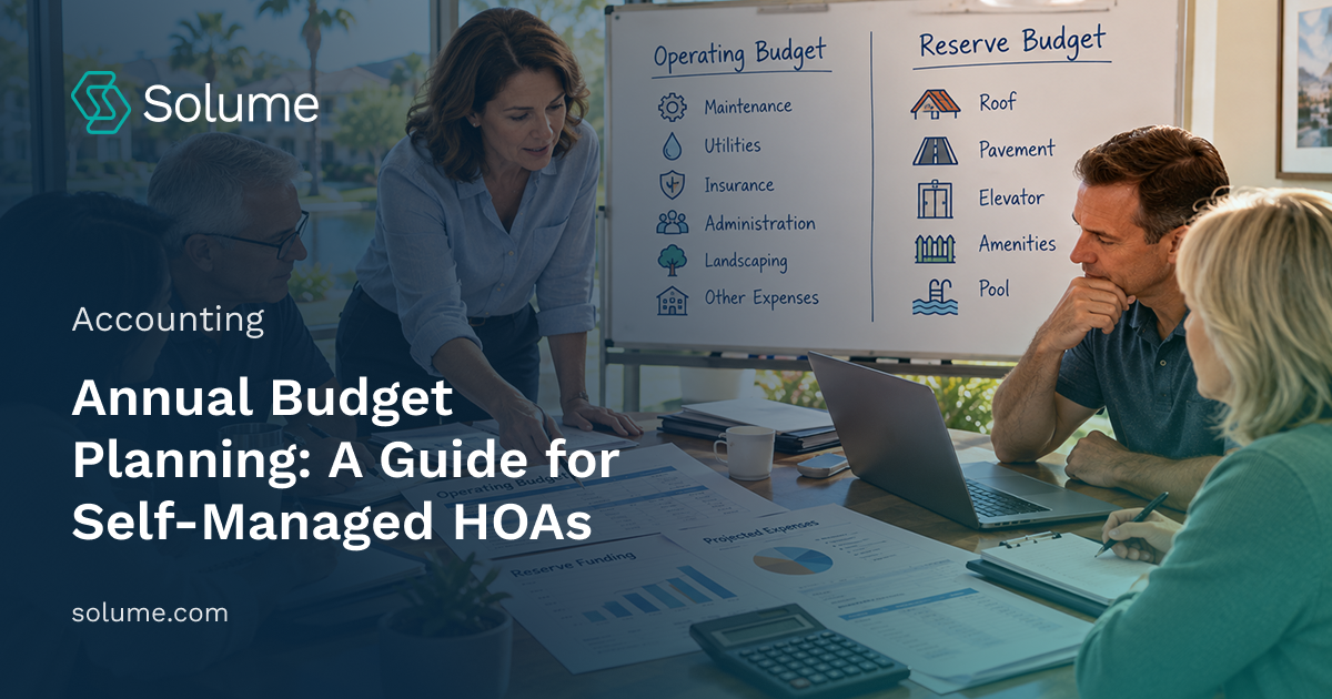 HOA board members reviewing an annual budget, operating expenses, and reserve funding during a community meeting.