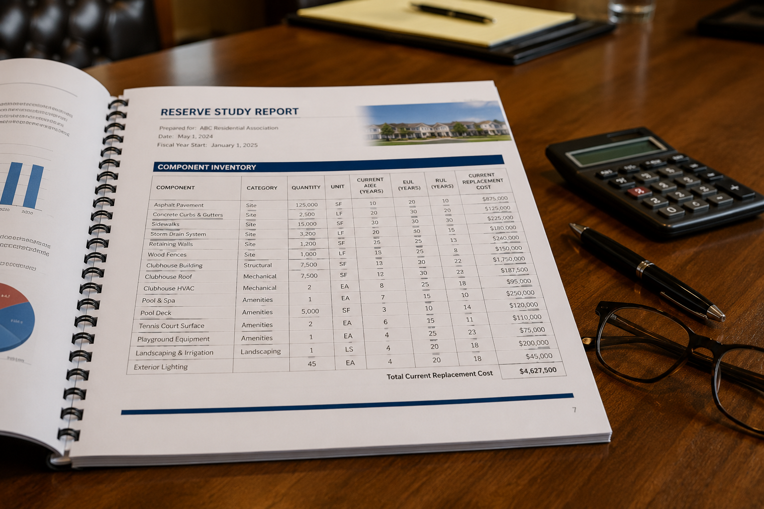 Open reserve study report on a conference table with a calculator, pen, and reading glasses, showing a component inventory and replacement cost table.