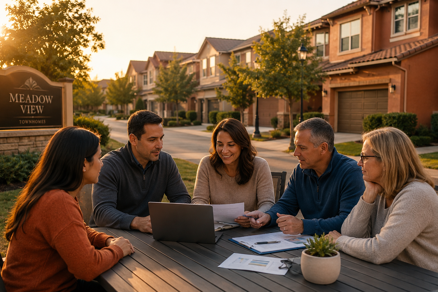 A small group of residents sits around an outdoor table in a well-maintained suburban townhome community, reviewing documents and a laptop during golden hour, symbolizing collaboration, trust, and responsible community planning.