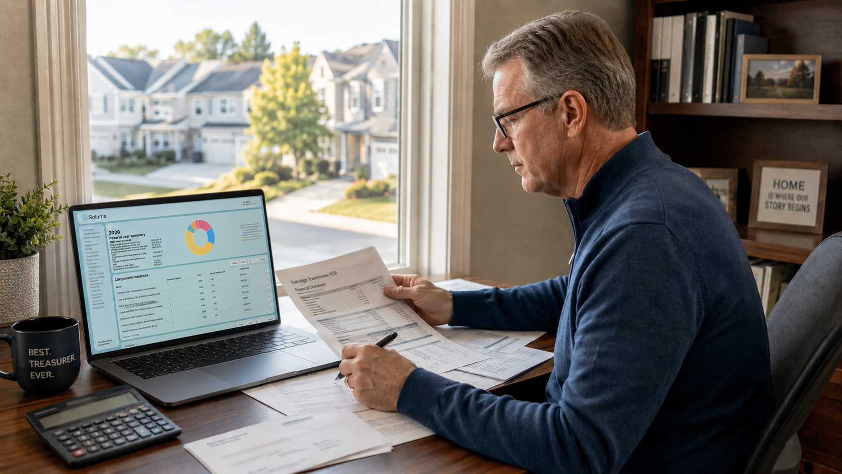 A middle-aged HOA treasurer reviews printed financial statements at a tidy home office desk while a laptop displays the Solume reserve study dashboard. Natural morning light streams through the window, with a suburban townhome community visible in the background.
