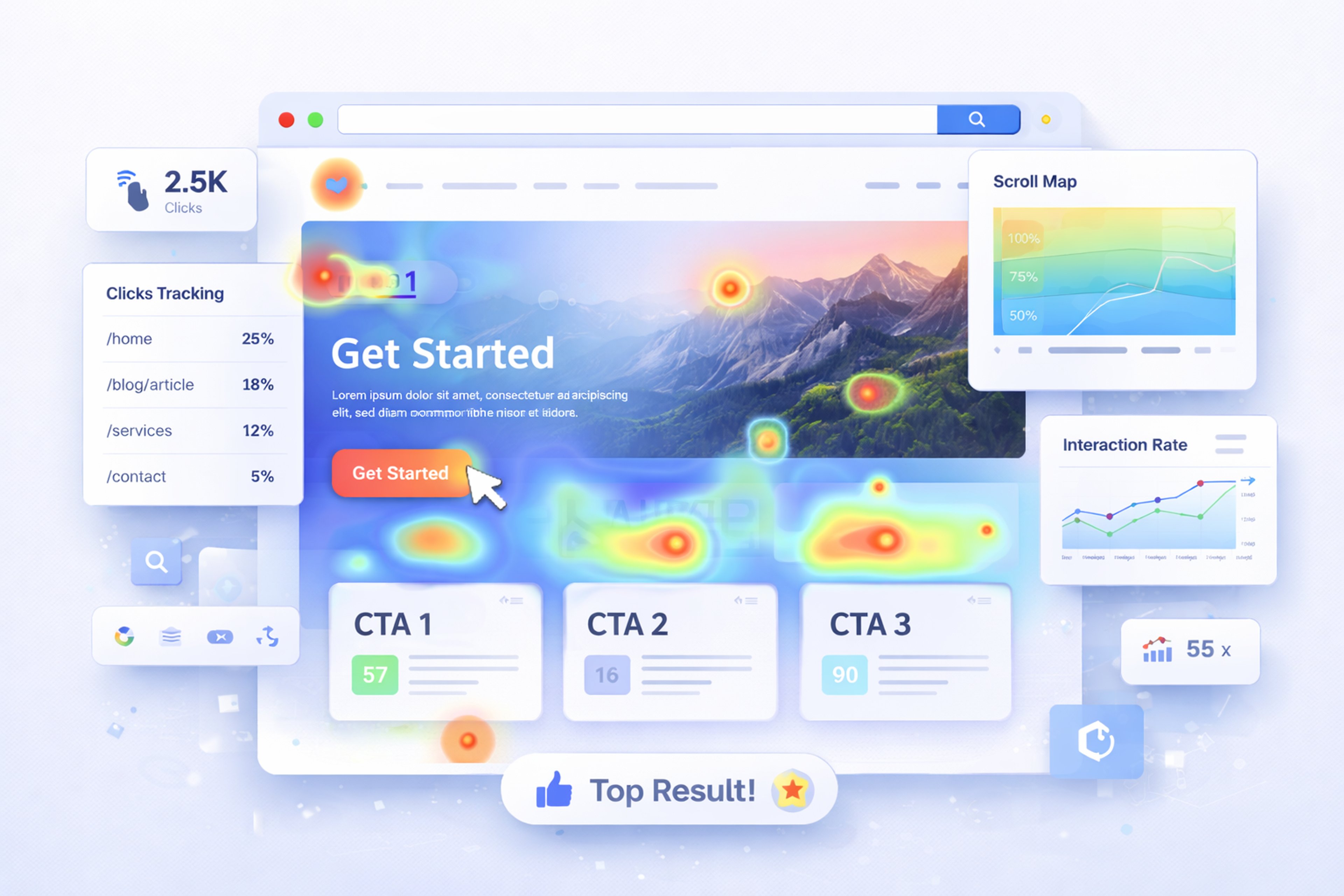 Display of a websites design with a heat map on it