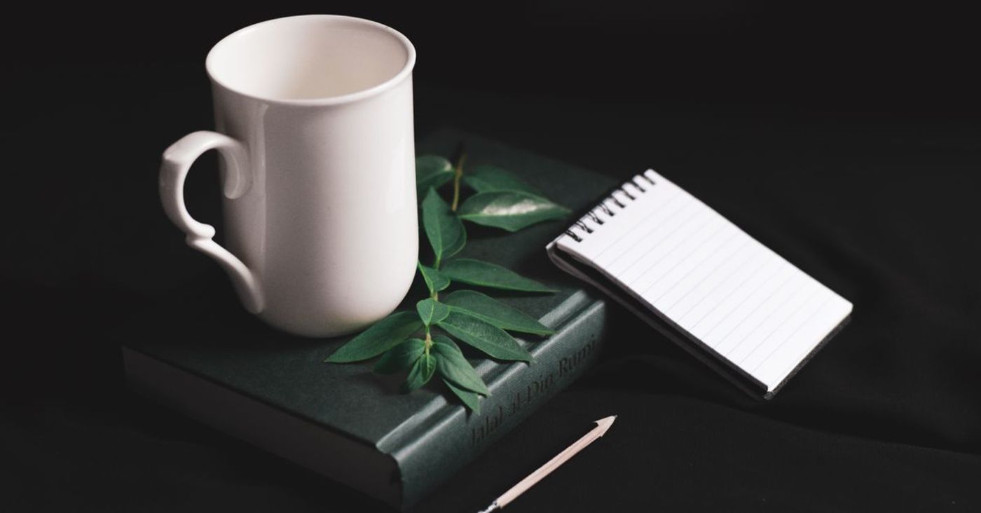 A notebook, pencil, white mug and green leaves against a dark desk.
