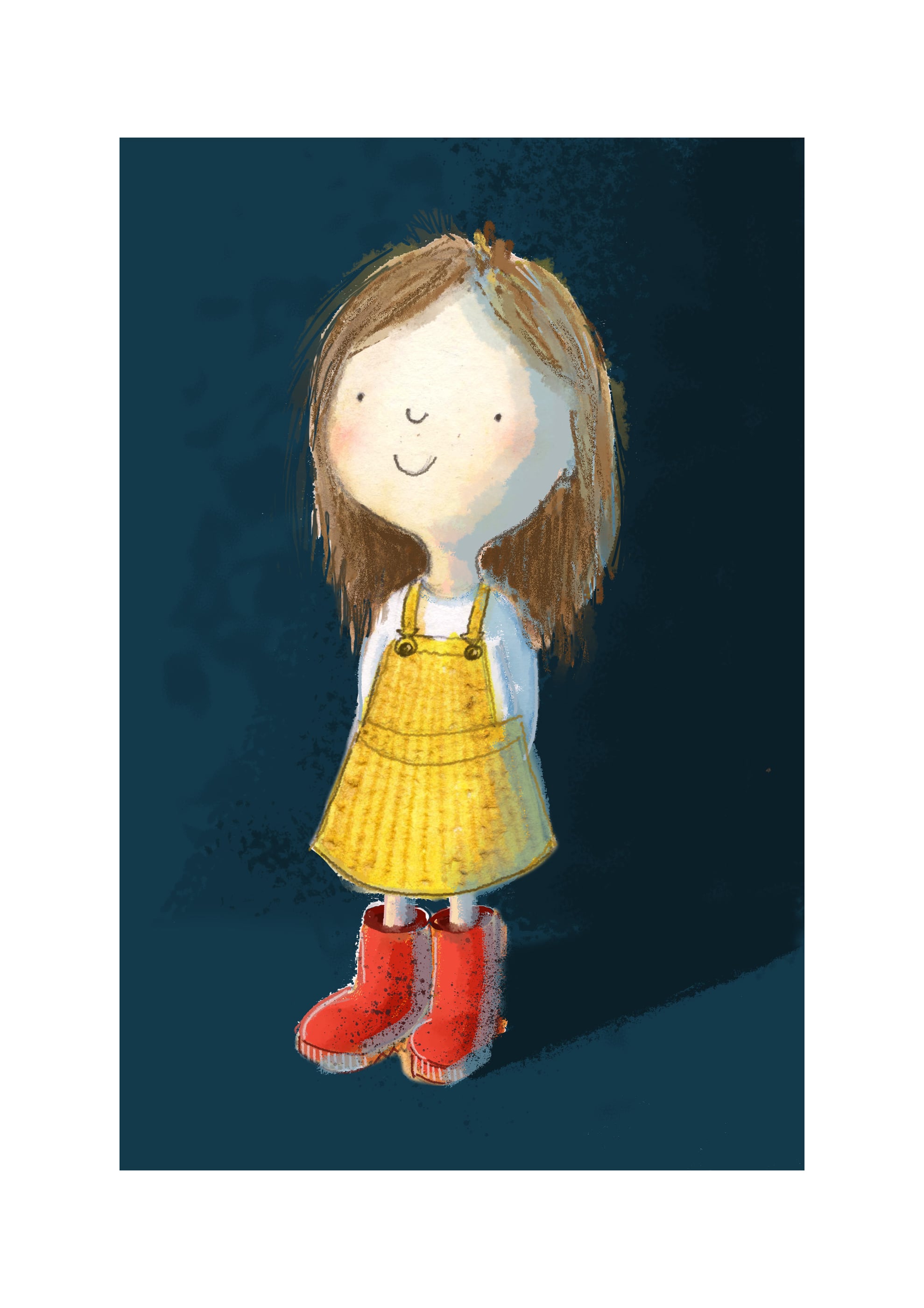 Illustration of a girl in yellow dungarees and red wellington boots