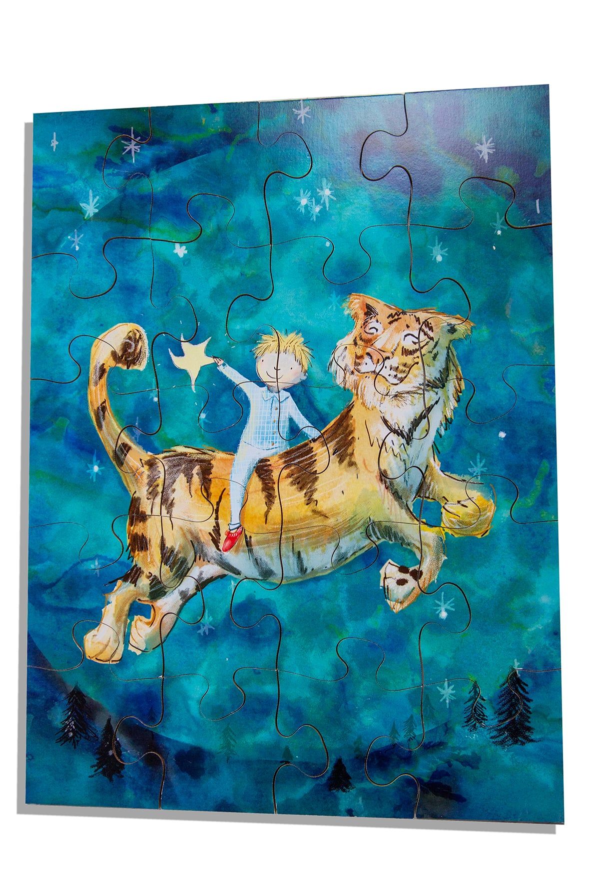 Wooden boy and tiger jigsaw puzzle, fully assembled