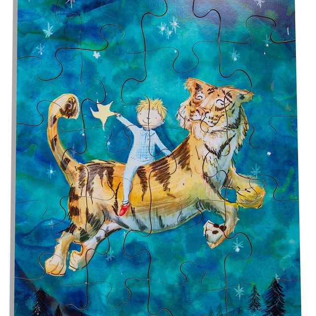 Wooden boy and tiger jigsaw puzzle, fully assembled