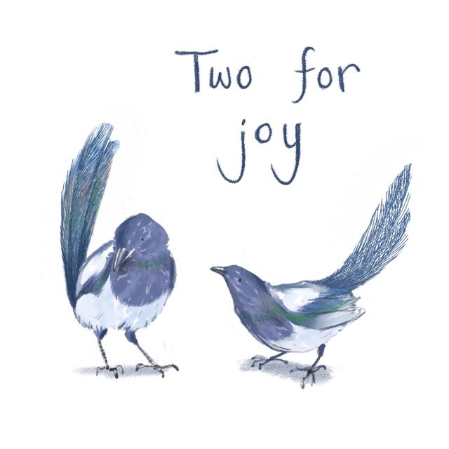Greeting card of two hand-painted magpies with the words “Two for joy”