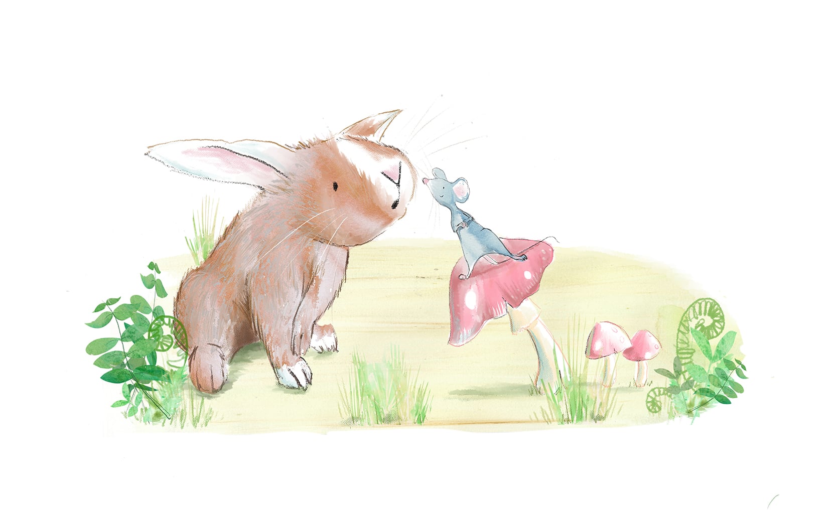 Two illustrated mice greeting each other