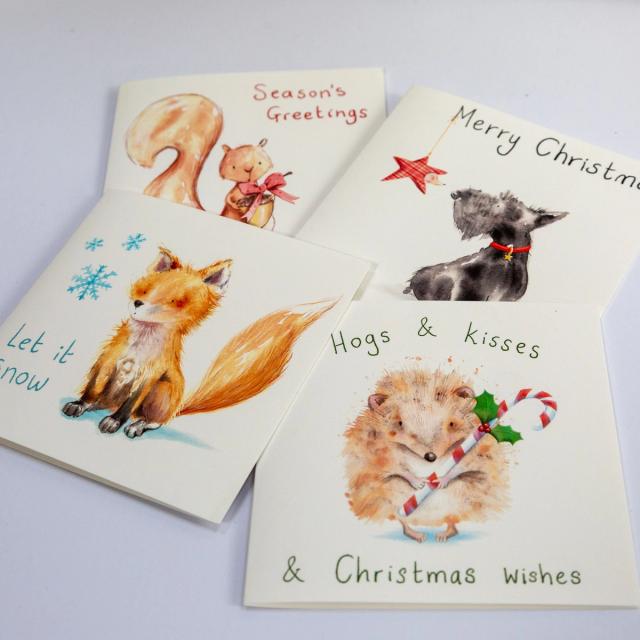 Set of four illustrated woodland animal Christmas cards by Lisa B Draws