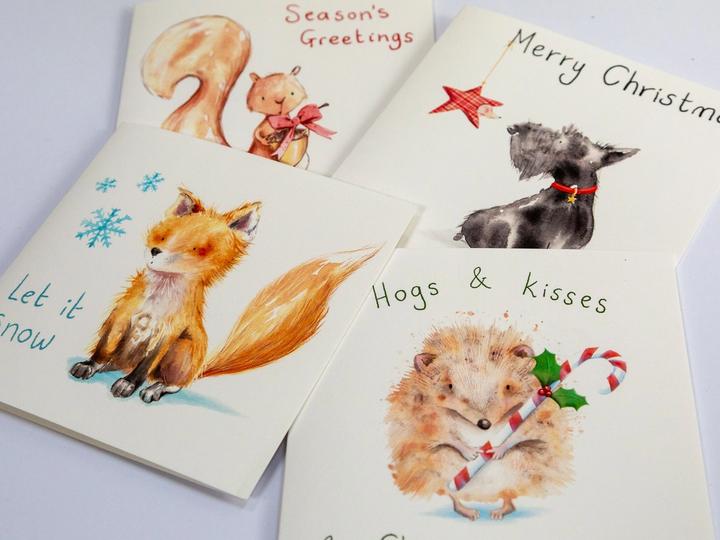 Set of four illustrated woodland animal Christmas cards by Lisa B Draws