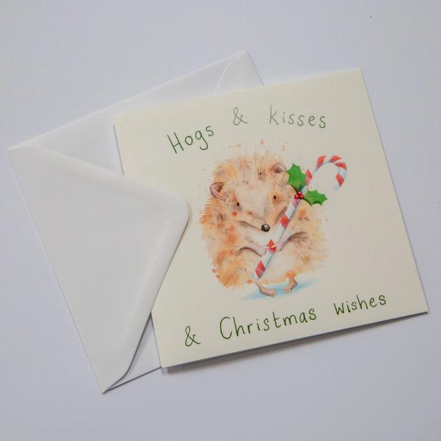 Hogs and Kisses hedgehog Christmas card by Lisa B Draws