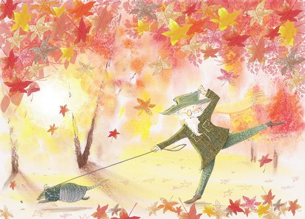Autumn woodland scene with animals gathering leaves