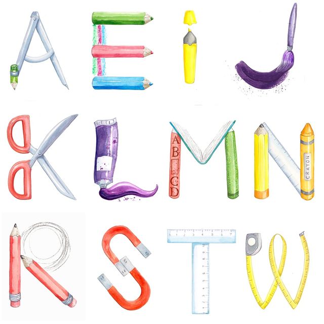 A selection of personalised teacher name prints, each name drawn from school-themed letters