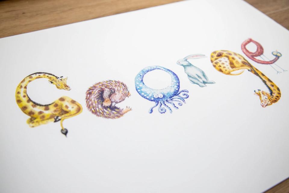 Personalised animal name print spelling George, with each letter drawn as an animal