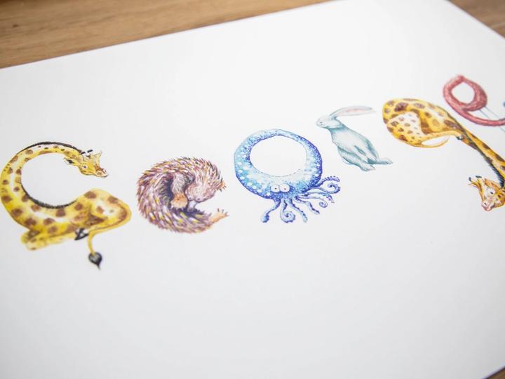 Personalised animal name print spelling George, with each letter drawn as an animal