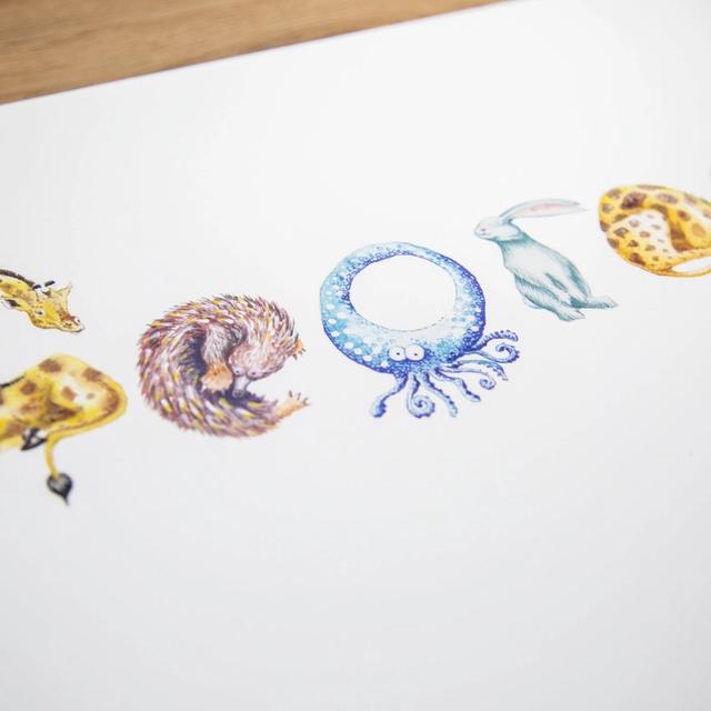 Personalised animal name print spelling George, with each letter drawn as an animal