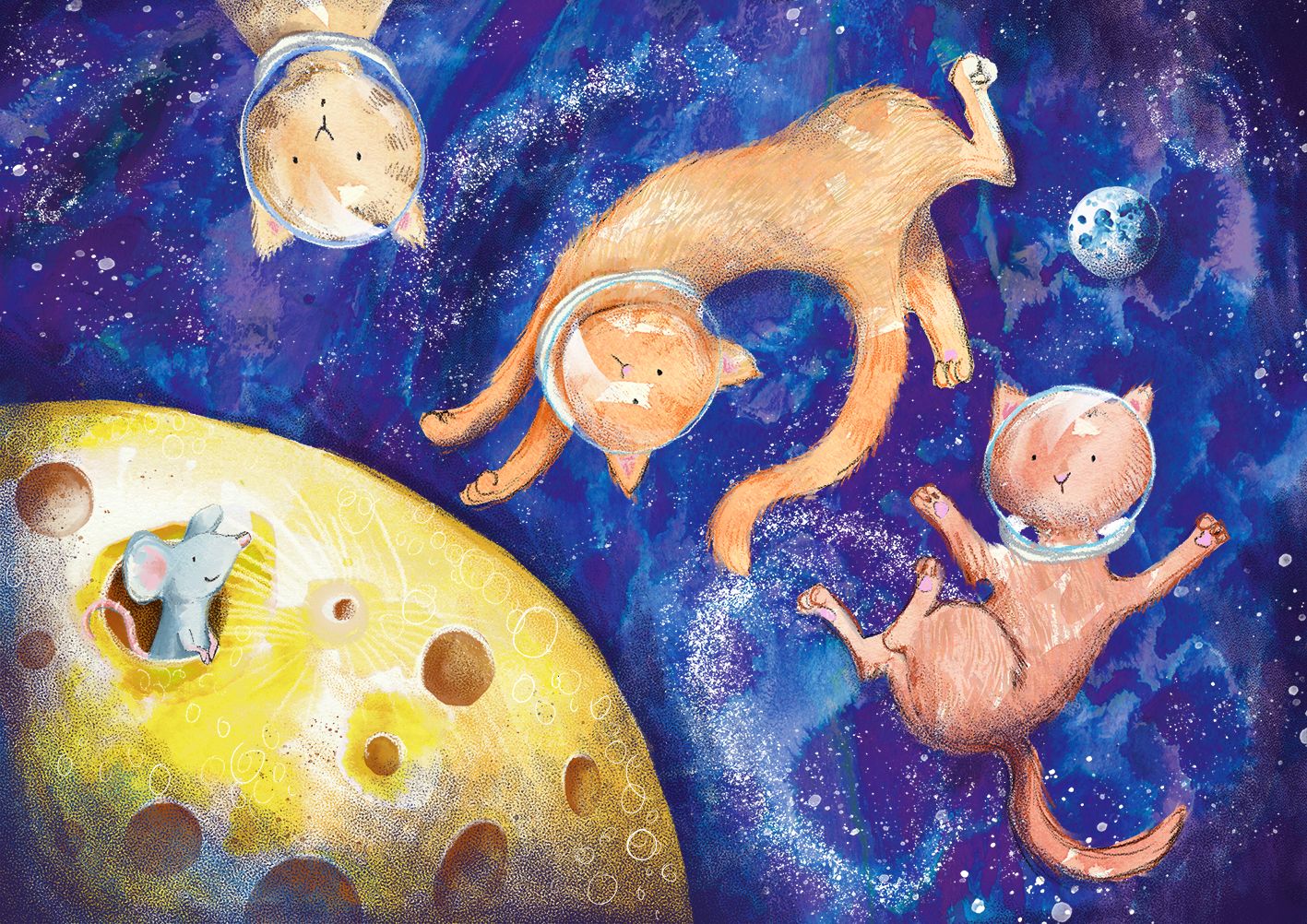 Ginger Space Cats searching for mice on a cheese moon