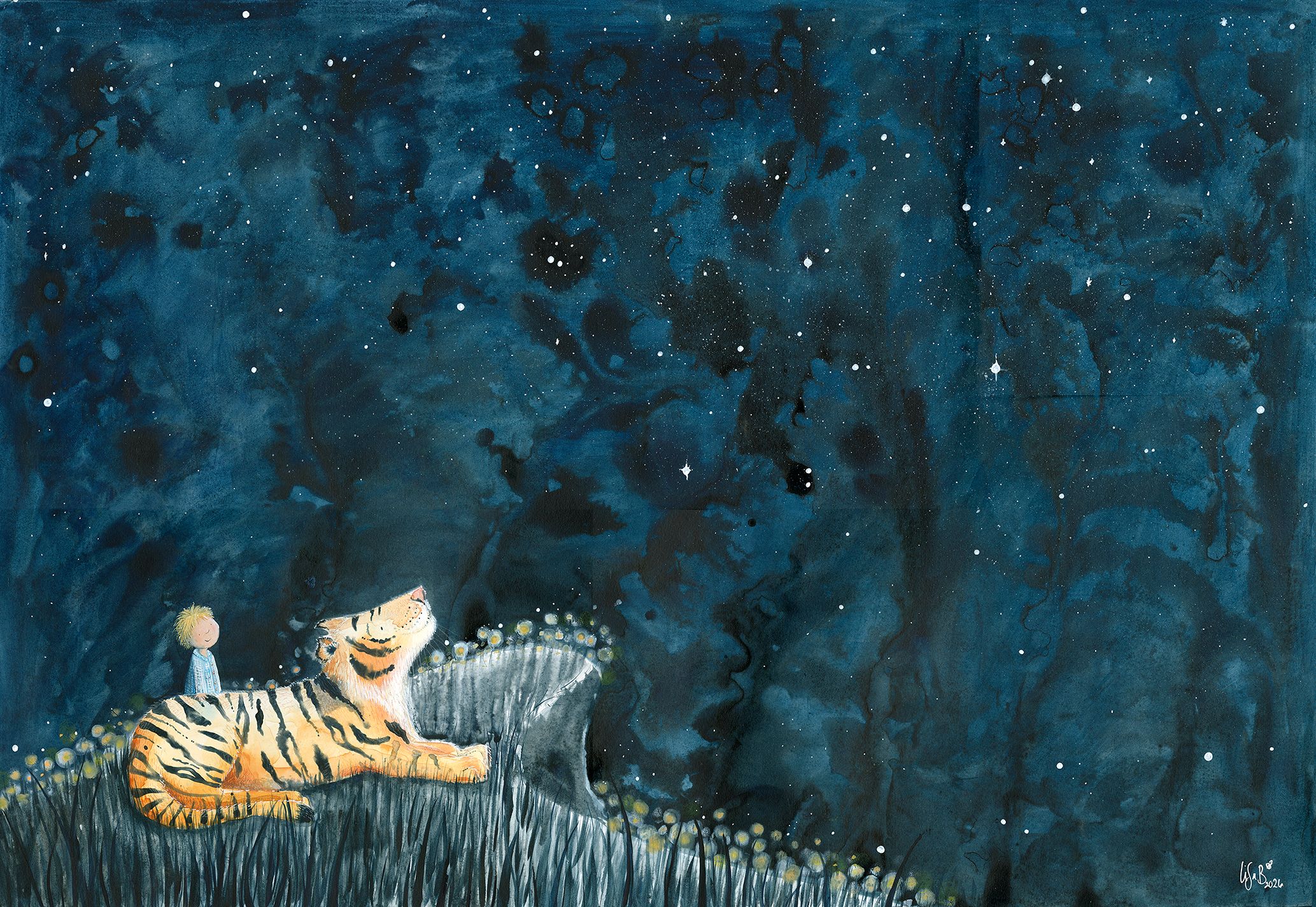A boy and a Tiger look up at at vast indigo blue night sky littered with stars. An original acrylic ink, watercolour and pencil illustration by Lisa Bentley.