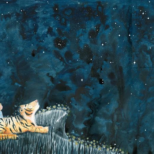 A boy and a Tiger look up at at vast indigo blue night sky littered with stars. An original acrylic ink, watercolour and pencil illustration by Lisa Bentley.