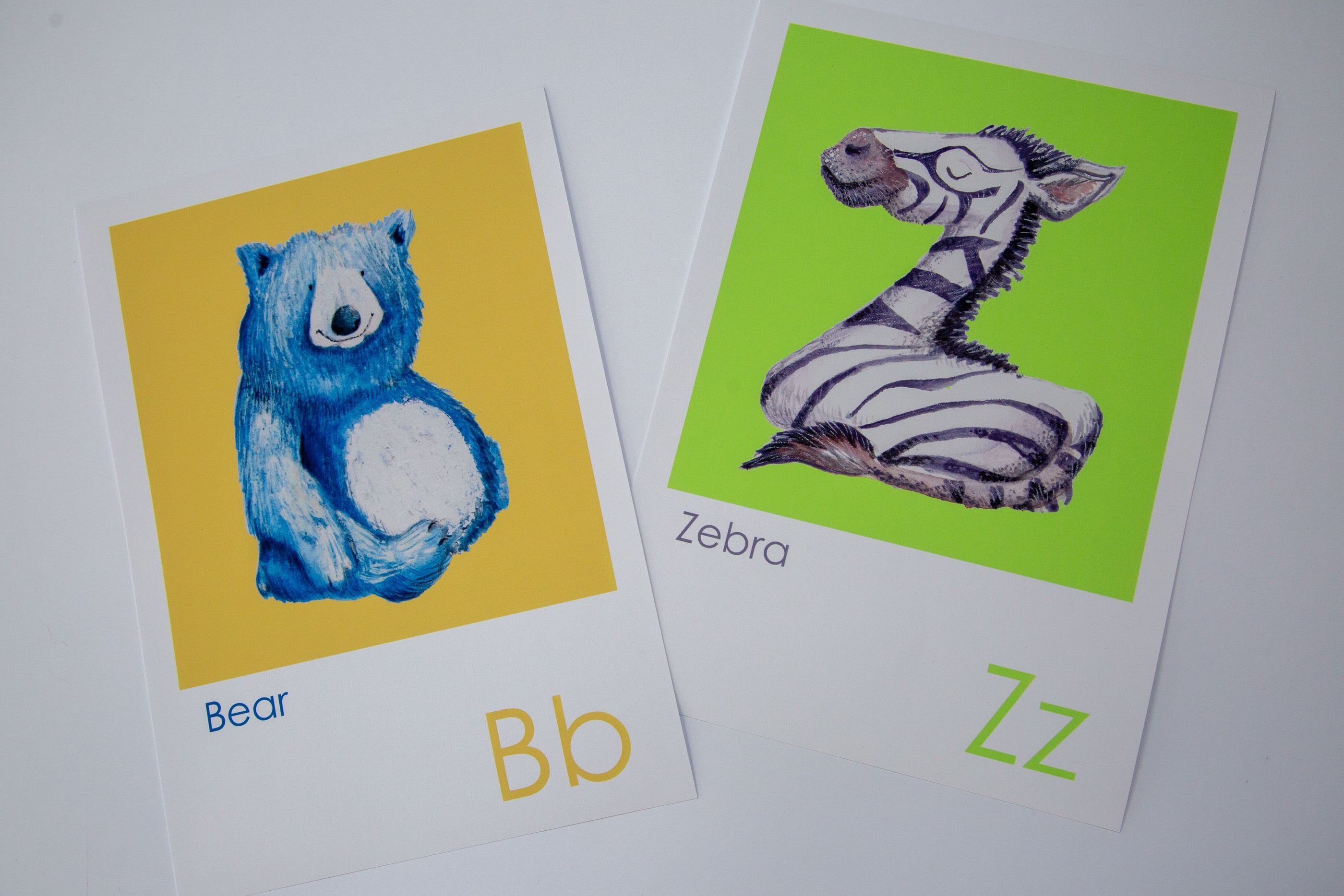 A4 animal alphabet prints showing a letter B bear and letter Z zebra side by side