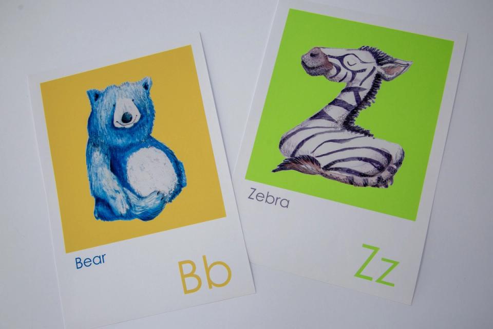 A4 animal alphabet prints showing a letter B bear and letter Z zebra side by side