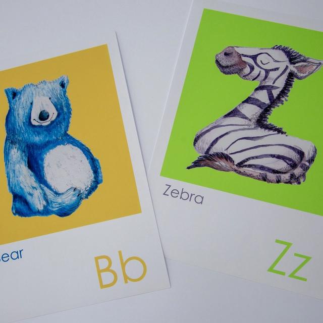 A4 animal alphabet prints showing a letter B bear and letter Z zebra side by side