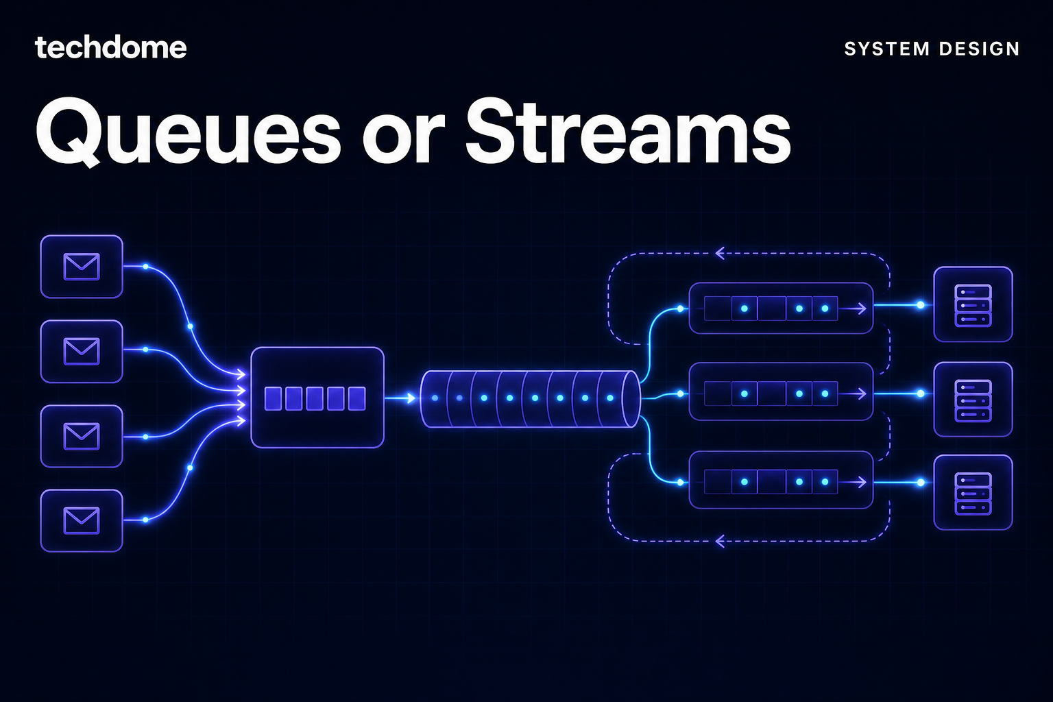 A technical illustration comparing queued task delivery with retained event streaming.