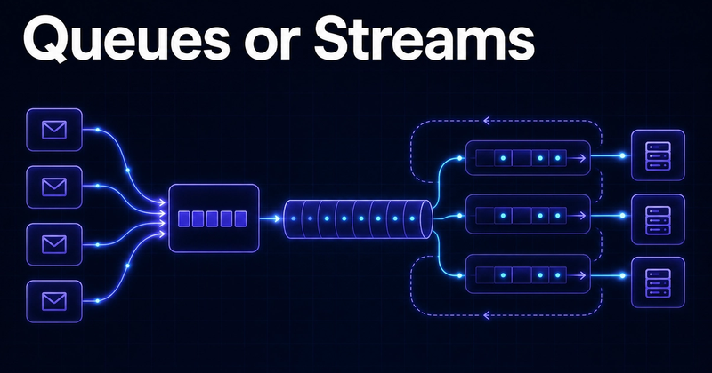 A technical illustration comparing queued task delivery with retained event streaming.