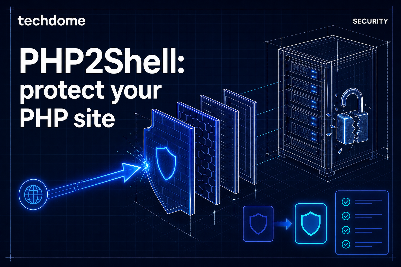Blueprint-style illustration of a server rack behind a layered firewall shield, with a PHP version badge being upgraded