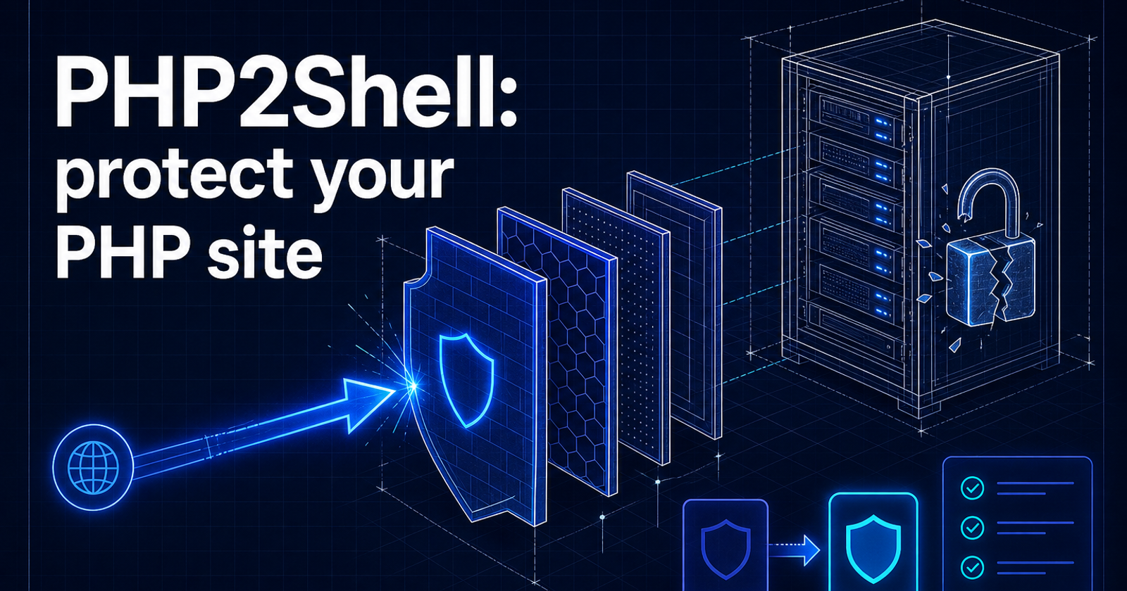 Blueprint-style illustration of a server rack behind a layered firewall shield, with a PHP version badge being upgraded