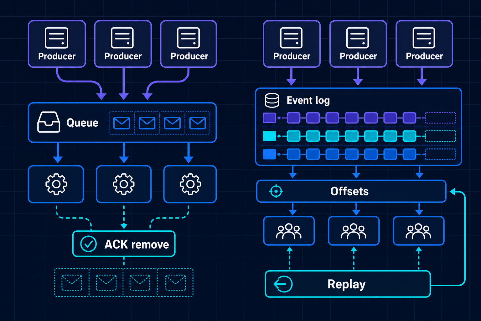 A comparison diagram showing messages removed after acknowledgement in queues and retained for replay in event streams.