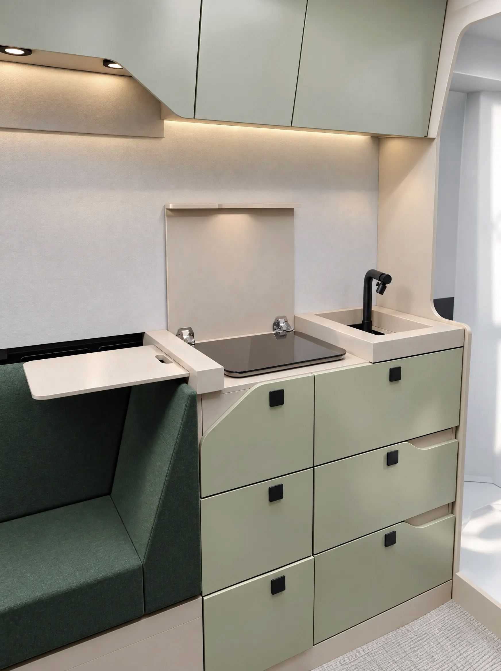 Blick durch die geöffnete Seitentür auf die Küche mit Spüle, Induktionsfeld und Kühlschrank