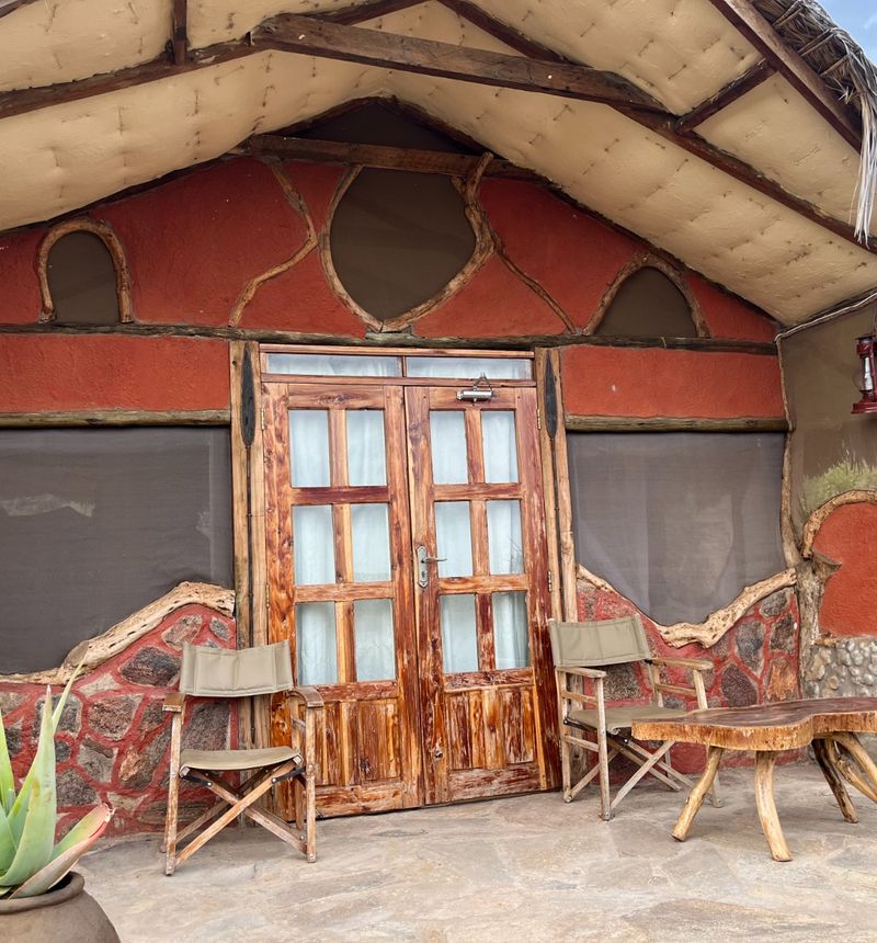 Rustic cabin stone and wood patio