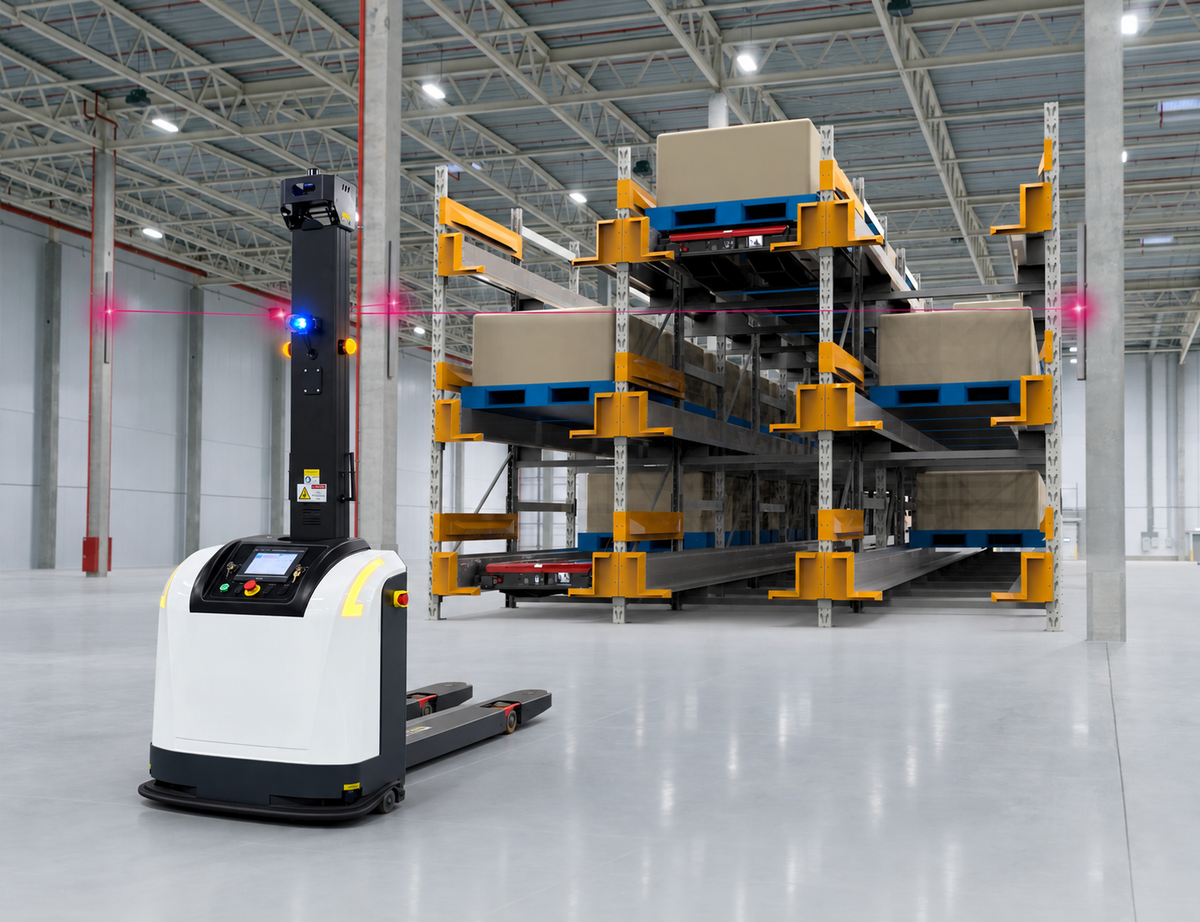 Autonomous pallet transport vehicle operating beside automated warehouse storage racks
