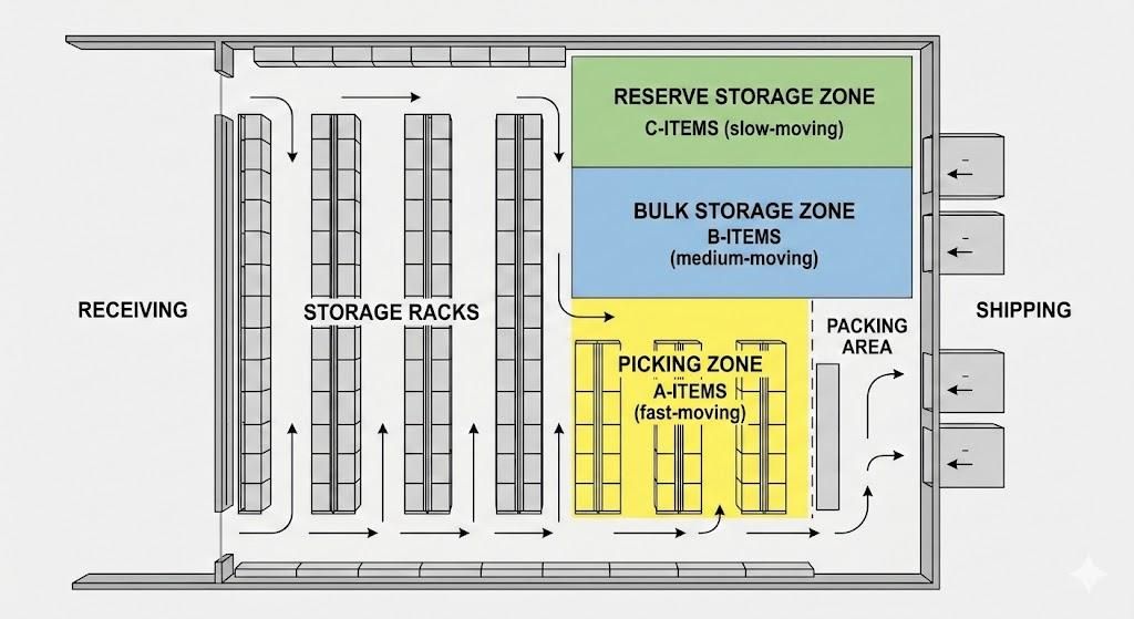 Warehouse layout with reserve storage, bulk storage, picking, packing, receiving, and shipping zones