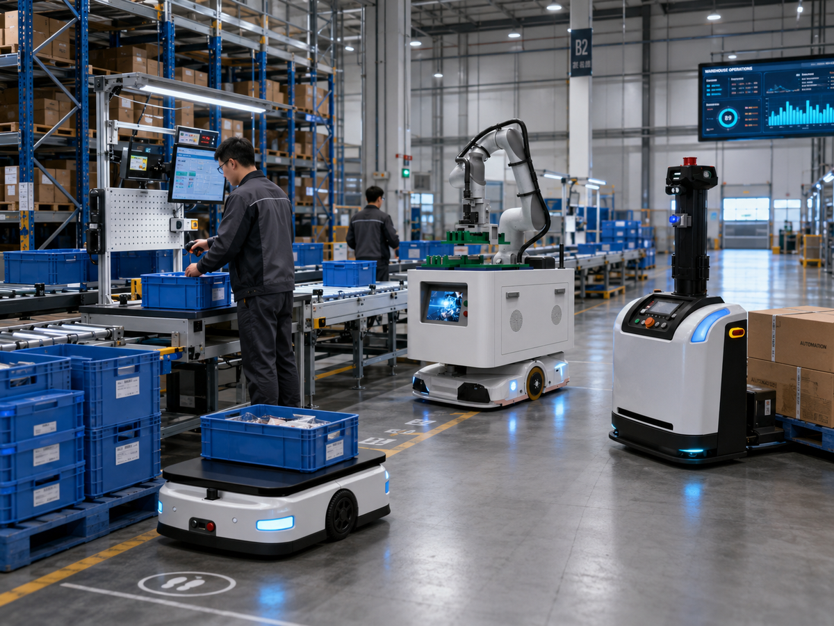 Integrated intralogistics scene with conveyor lines, warehouse operators, AMRs, a mobile manipulation robot, and pallet transport equipment