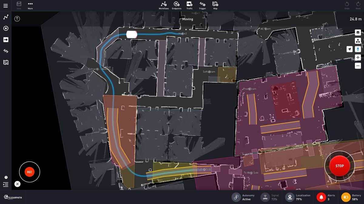 LiDAR SLAM map showing a planned AGV route through a facility.