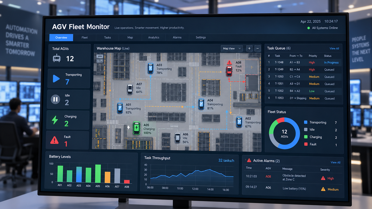 AGV fleet monitoring dashboard showing vehicle status, task queue, battery levels, and alarms