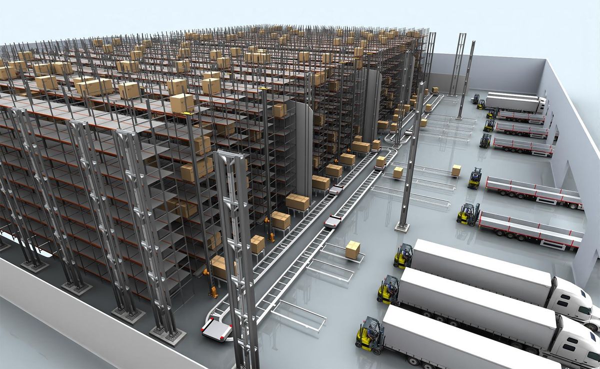 3D automated warehouse model with high-bay racks, material-handling routes and truck loading areas