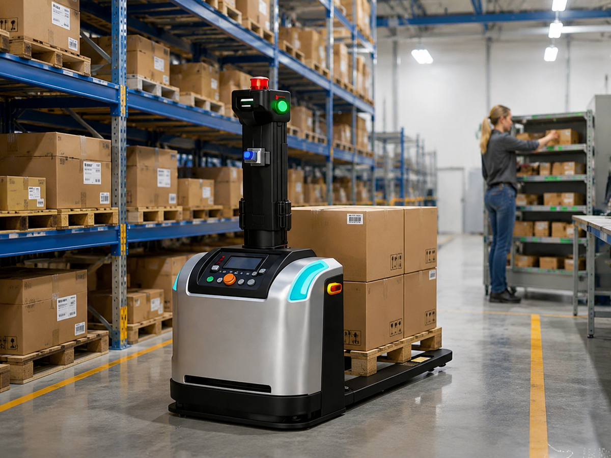 Lifting AGV carrying cases in a warehouse while an operator picks from shelving