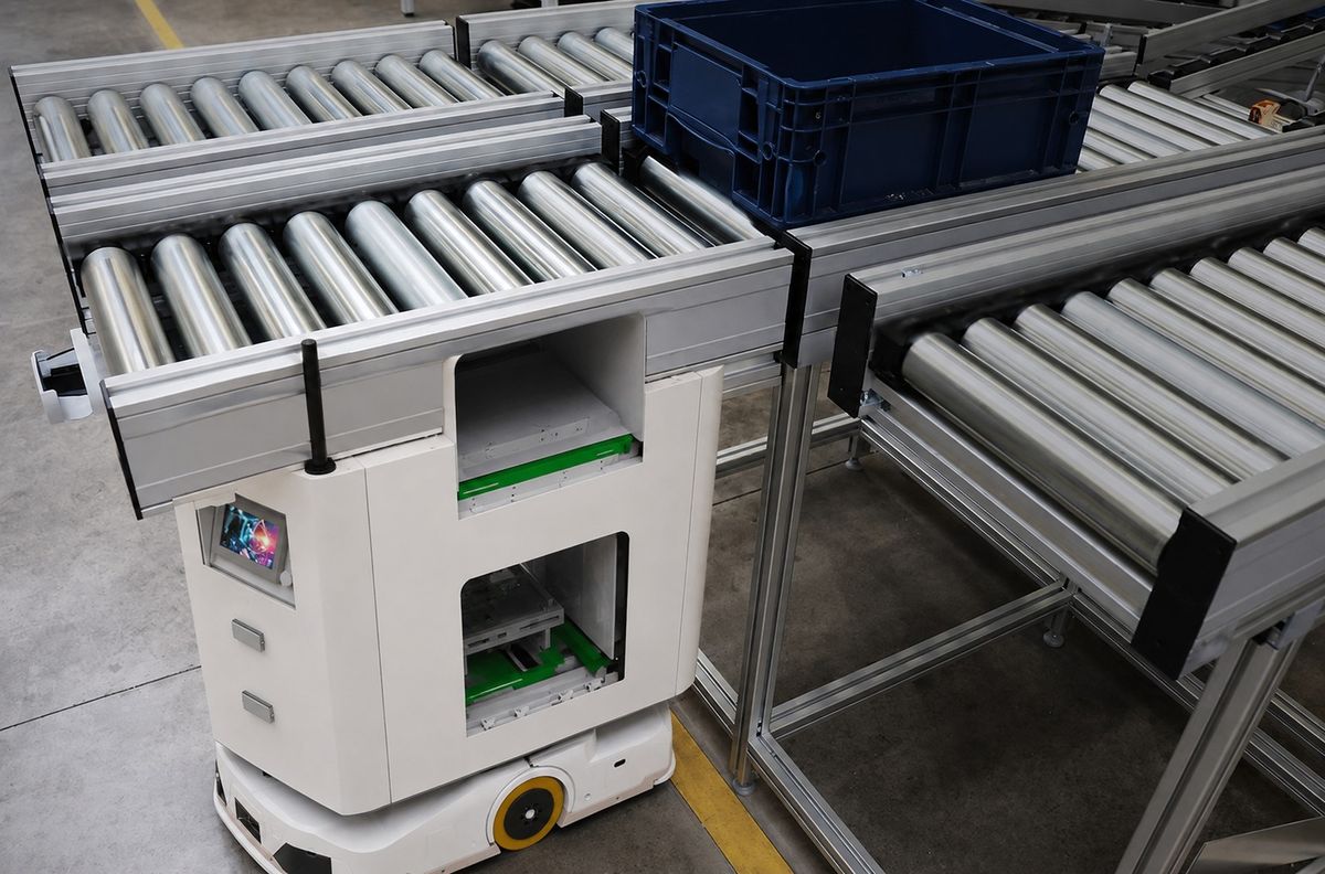 Roller AGV aligned with conveyor rollers for automated bin handoff in an injection molding workshop