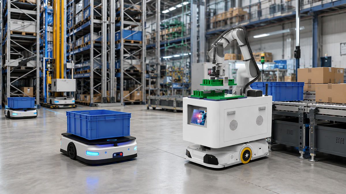 Autonomous warehouse robots and robotic workstations operating inside a modern warehouse