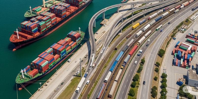 Container ships, rail freight, and road transport connected at a logistics hub